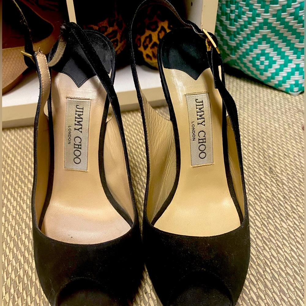 Jimmy Choo black velvety suede platform sandals